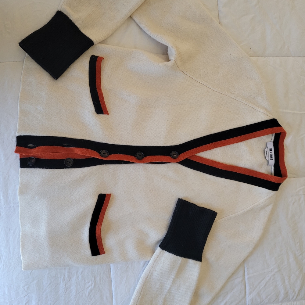 Cream Button Cardigan with Black and Orange-Red Accents By RE/DONE